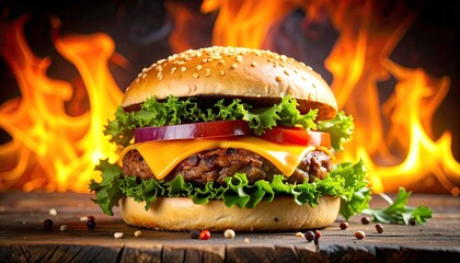 Delicious burger on wooden board with flames