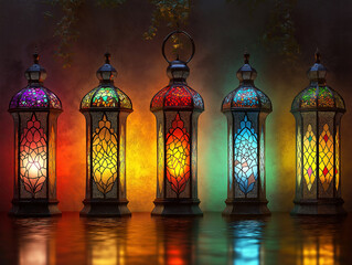 Fototapeta premium Set of glowing Islamic lamps with intricate colorful glass designs