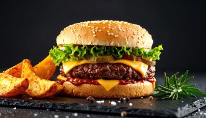 Delicious burger with fries on a dark stone plate