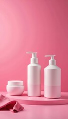 Pink background, luxurious bath products closeup, skincare, bath