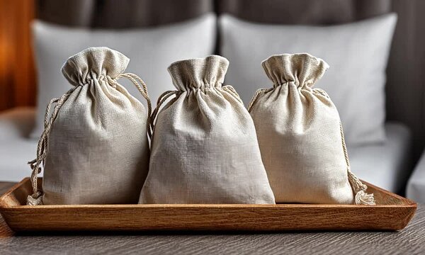 Three neutral fabric bags sitting in a wooden tray