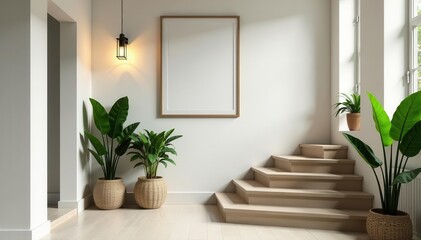 Scandinavian stairway with framed lanterns & plants , bright, minimal, upstairs