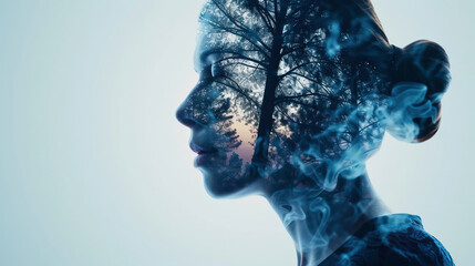 Organic cosmetology. Ecology inspiration. Double exposure profile silhouette of relaxed woman face with green forest trees foliage isolated on white copy space.