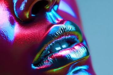 A woman's face is painted with bright colors and has a metallic finish