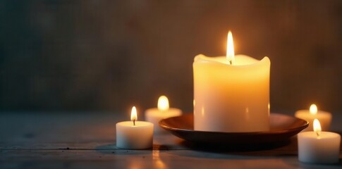 Simple white All Saints Day candle, burning softly, light, still life