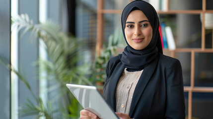 Young businesswoman indian ethnicity holding digital tablet, looking aside for promo advertising. middle eastern business lady, woman in hijab using pc computer