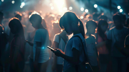 Children look at their phones in the dark.