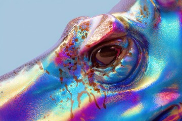 A close up of a horse's eye with a blue and purple background