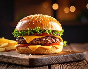 Delicious burger with fries