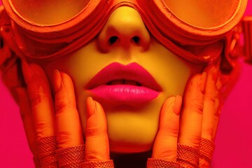 A woman with bright orange glasses and pink lipstick is posing for a photo