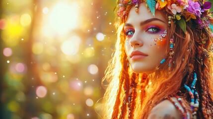 Bohemian Beauty in Sunlight: A captivating image of a beautiful woman adorned with a floral crown and intricate makeup, bathed in the ethereal glow of the sunlight.