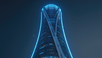 Naklejka premium Modern skyscraper illuminated with vibrant blue lights against a dark night sky
