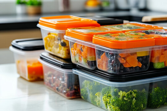 Generative AI image of healthy meal prep containers with vegetables, meat, and assorted side dishes for convenient takeaway lunch
