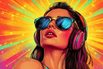 Pop art retro style featuring a young blonde woman wearing sunglasses on a vibrant, colorful background. Created with, Generative AI