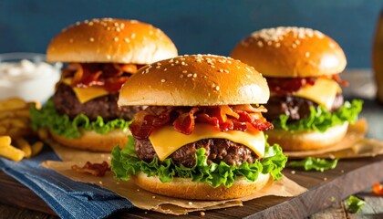 Delicious burgers with bacon and cheese