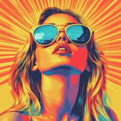 Pop art retro style featuring a young brunette woman wearing headphones and sunglasses on a vibrant, colorful background. Created with, Generative AI