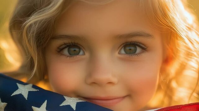 Young girl smiling while holding American flag in natural light  
