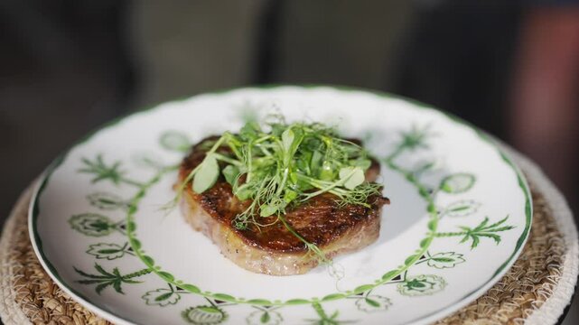 A piece of meat with green herbs on top of a white plate. The plate is decorated with a pattern of leaves and the meat is cooked to perfection