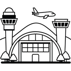 Airport. Lineart black and white vector illustration with air terminal and airplanes