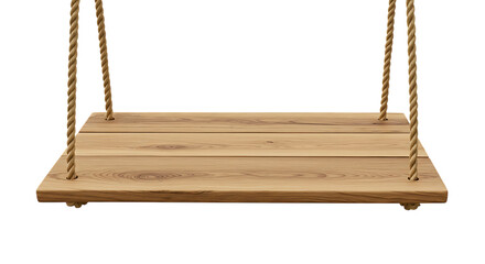 Natural wooden plank swing seat suspended by thick twisted ropes isolated on white background