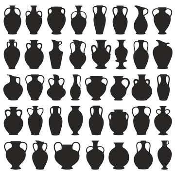 Black Silhouettes of Various Ancient Amphorae and Vessels