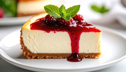 Delicious cheesecake slice with berry sauce