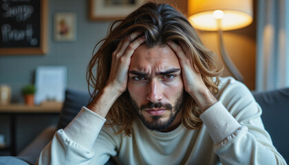 Portrait of a frustrated young man holding his head with both hands, sitting indoors on a couch - Generic AI Image