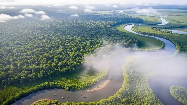 Breathtaking aerial vista liberias winding river through lush rainforest a natural wonder symbolizing liberia independence day celebrations scenic beauty