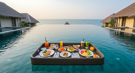 Floating breakfast in an infinity pool overlooking the ocean, A luxurious tropical vacation with a floating tray of food and drinks, set against a scenic backdrop