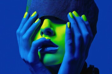 A woman's face is painted in neon colors