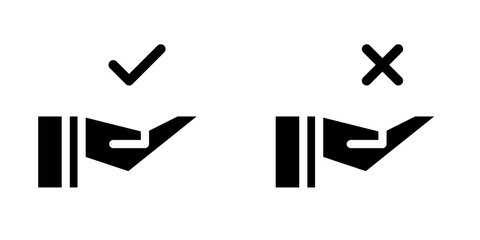 icon of open hands with check mark and cross above. Represents approval and rejection, accepted and denied, verified and error, success and failure.