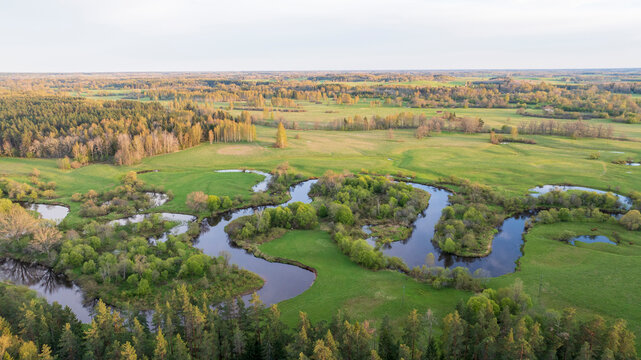 Aerial view to the sunset colored spring landscape of the Mustj&otilde;gi river valley, oxbows and meadows and public watchtower in Tellingum&auml;e, Tsirgum&auml;e k&uuml;la, Valga vald, Valgamaa