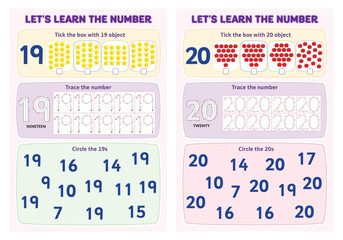Learn the number 19-20 tick the box, trace the number and circle the number worksheet