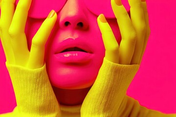 A woman with a pink face paint and yellow sweater