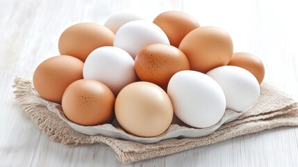  Fresh Eggs in a Basket: A rustic arrangement of fresh eggs, with a variety of colors and textures, rests on a wooden surface, embodying a symbol of nutrition, and fresh life. 