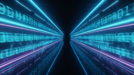 running through digital cyber tunnel with data streams, glowing neon panels and fast blur effects  - Powered by Adobe