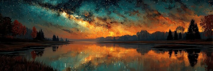 Starlit sky and reflective river create a serene landscape at dusk with vibrant colors in the distance