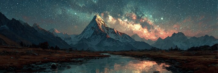 Majestic mountain landscape under a starry sky with a shimmering river at nighttime in a serene wilderness setting