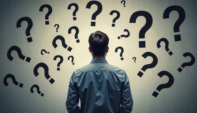 A man stands with his back to the viewer, facing a wall covered in various-sized question marks, symbolizing uncertainty and confusion. - Generic AI Image