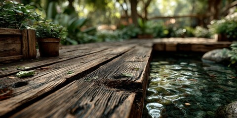 Serene wooden path by a tranquil pond in a lush garden during the afternoon sunlight