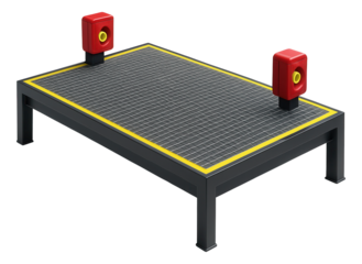 Island platform with metal grating floor and emergency call points