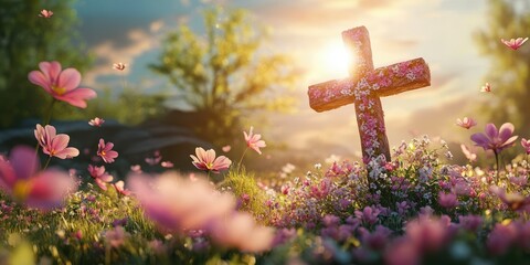 Cross surrounded by blooming flowers at sunset in a serene garden