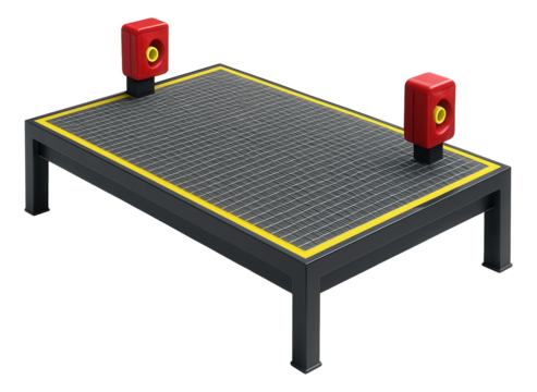 Island platform with metal grating floor and emergency call points