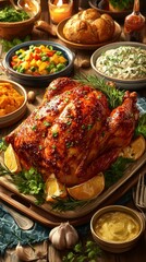 Deliciously roasted chicken garnished with herbs and accompanied by colorful side dishes on a wooden dining table