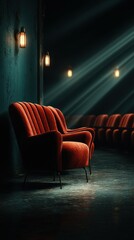 Elegant vintage chairs in a dimly lit lounge with beams of light highlighting their rich upholstery