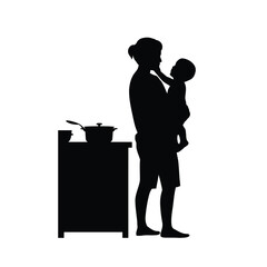 Silhouette of Mother Holding Baby Near Kitchen Counter