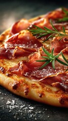 Savory pizza topped with prosciutto and fresh rosemary on a dark slate background