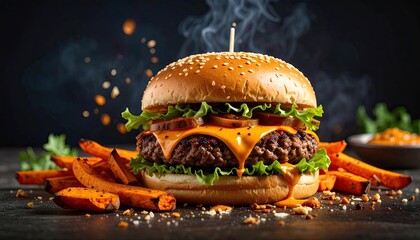 Delicious gourmet burger with sweet potato fries