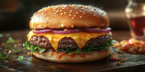 Juicy burger with melted cheese and fresh toppings served on rustic wooden table