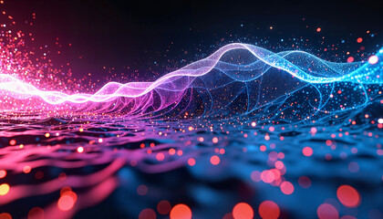 An abstract digital waveform with glowing particles in vibrant pink and blue colors, creating a sense of dynamic flow and technology. - Generic AI Image
